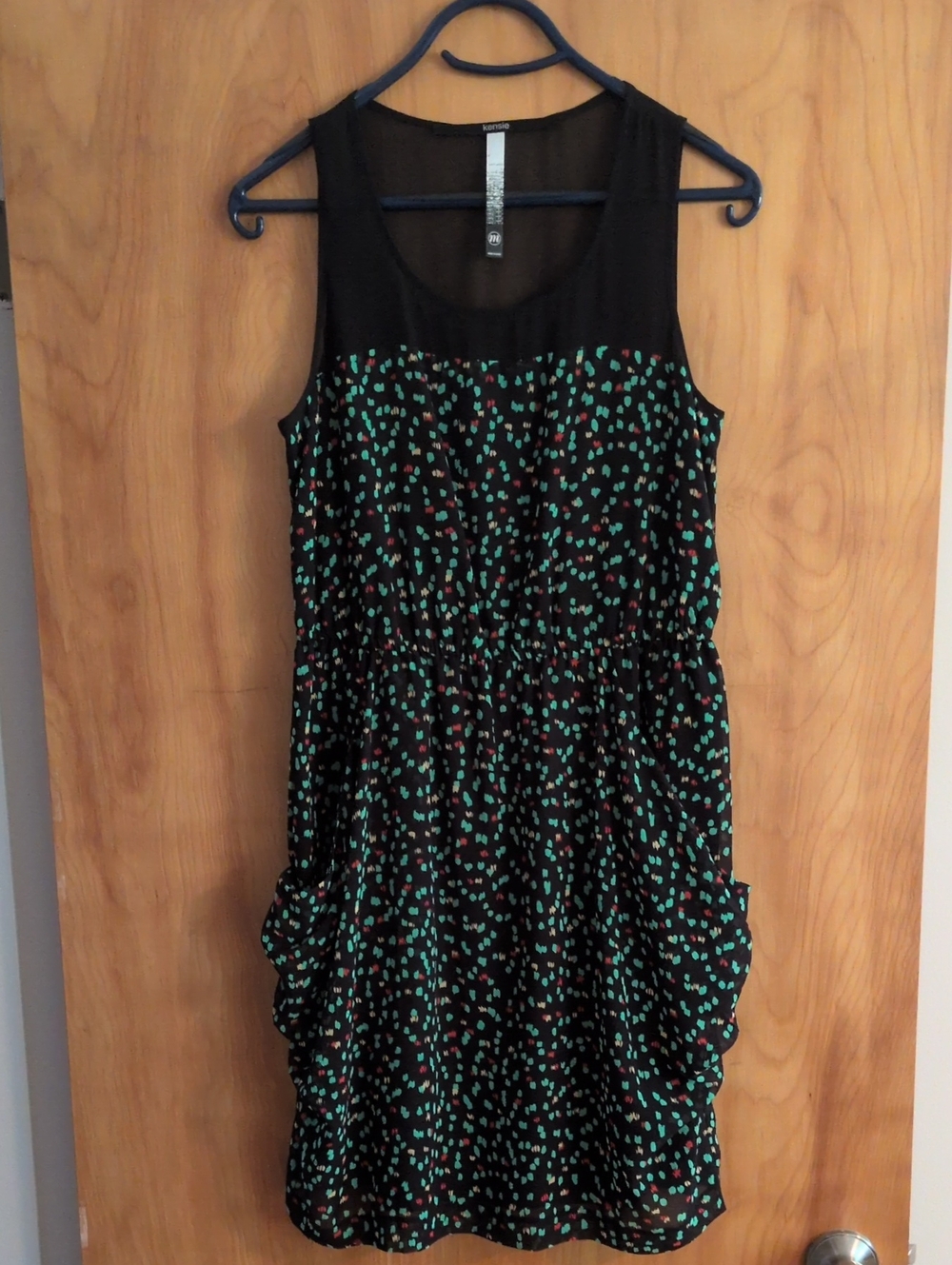 Kensie Black Dress with Green and Pink Dot Print